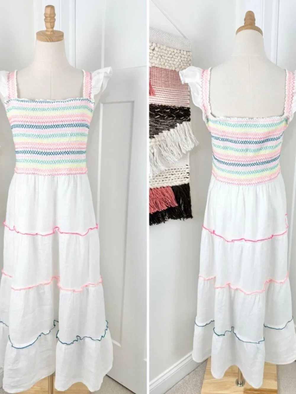 Vineyard Vines Flutter Sleeve Smocked Tiered Linen Midi Dress White Sz XL - Picture 5 of 9